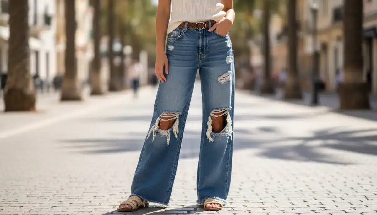 Persona luciendo jeans de mezclilla anchos y desgastados, una de las principales tendencias para el verano de 2026.