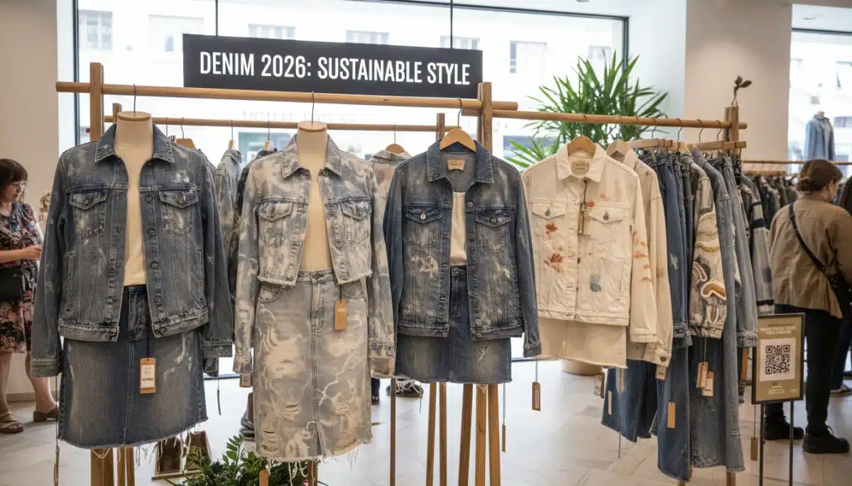 Exhibición de prendas de mezclilla con lavados innovadores y materiales sostenibles, representando la evolución de las tendencias de 2026.