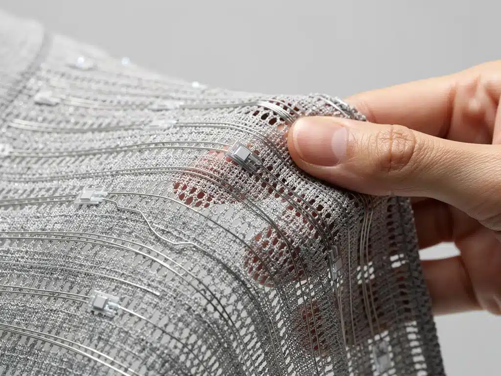 Detalle de tejido inteligente con sensores integrados y propiedades de absorción de humedad.