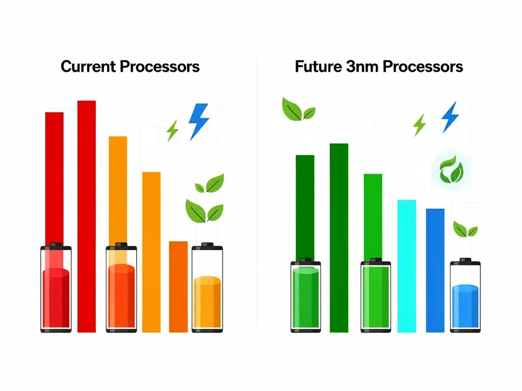 Gráfico comparativo de consumo energético entre procesadores actuales y futuros de 3nm.