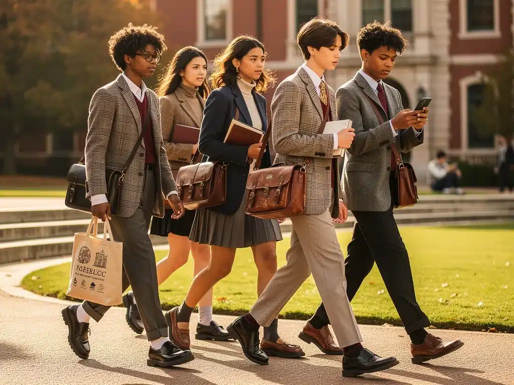 Grupo de jóvenes con estilo 'Eclectic Academia' que refleja una microtendencia viral en la moda.