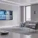 Interior moderno de hogar inteligente con dispositivos conectados y pantalla central
