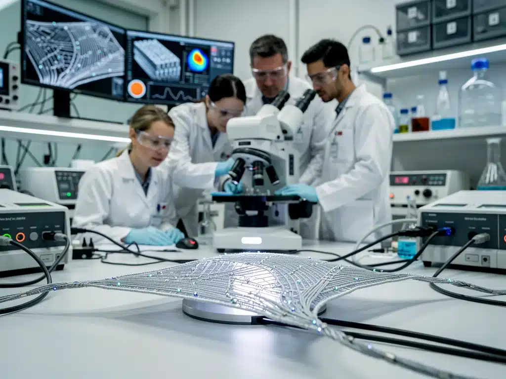 Científicos en laboratorio examinando un tejido inteligente bajo microscopio, con instrumentos.