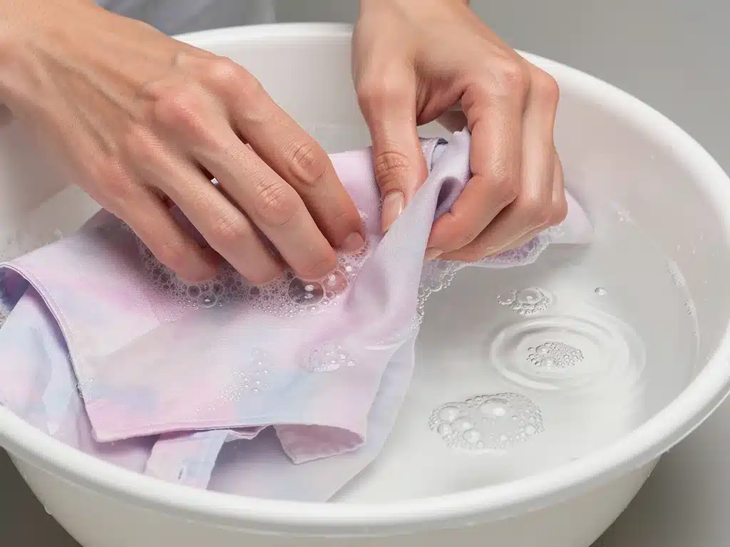 Manos lavando a mano una blusa delicada de moda rápida, demostrando cuidado y extensión de la vida útil.