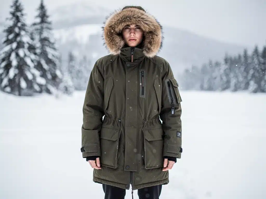 Persona con parka con cuello de piel sintética en un paisaje nevado, destacando funcionalidad y estilo.