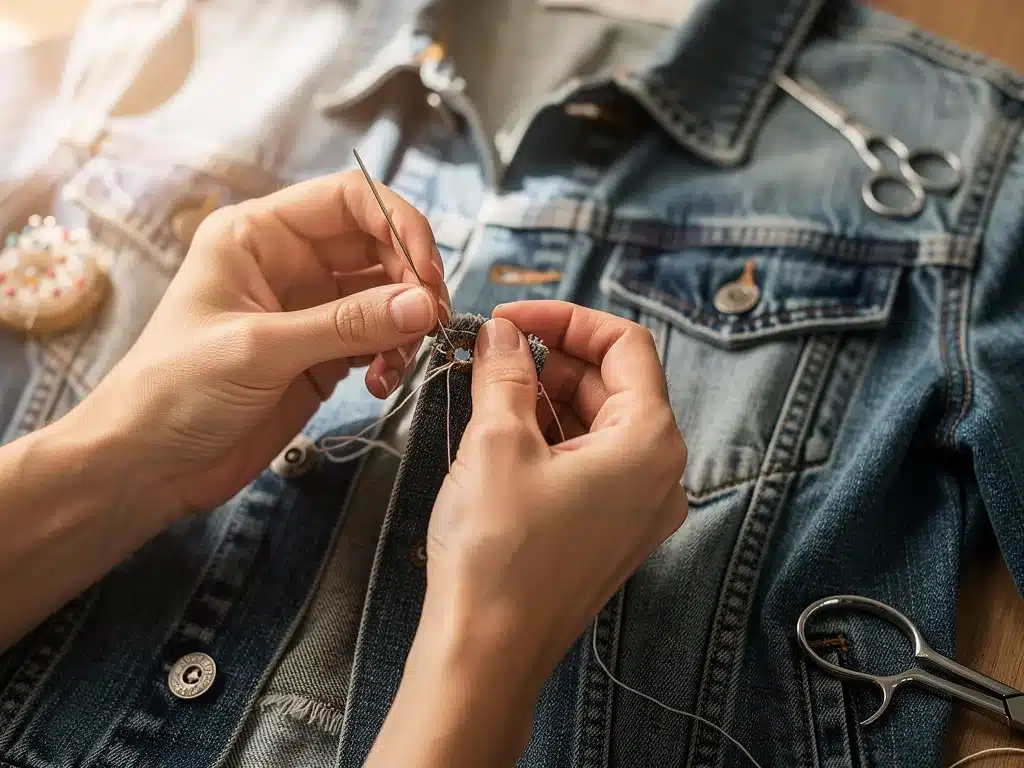 Persona reparando una chaqueta de mezclilla con aguja e hilo, enfatizando la importancia de remendar la ropa.