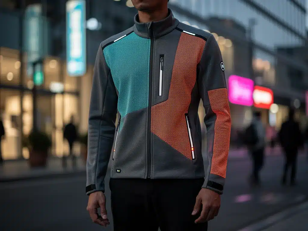 Persona con chamarra de tejido inteligente que cambia de color, en un entorno urbano.