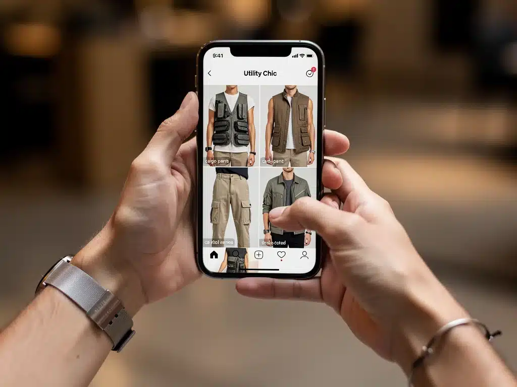 Manos sosteniendo un smartphone mostrando outfits 'Utility Chic', destacando la influencia de redes sociales.