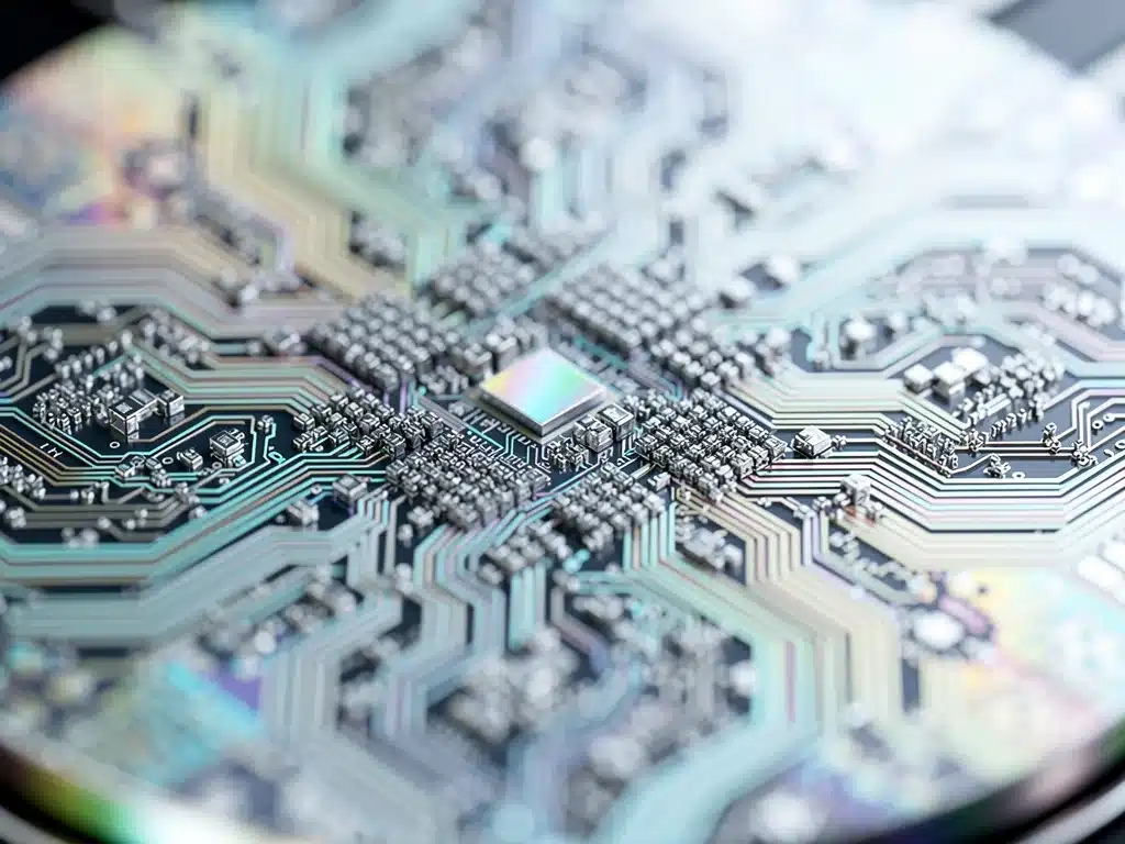 Detalle de un wafer de procesadores de 3nm, mostrando la avanzada ingeniería de semiconductores.