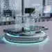Smartphone moderno cargándose rápidamente de forma inalámbrica sobre una base futurista.