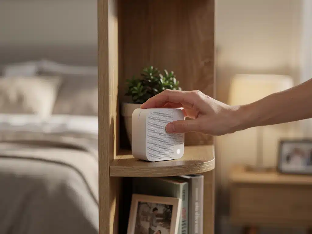 Colocación estratégica de un nodo de red mesh Wi-Fi en un estante de dormitorio.