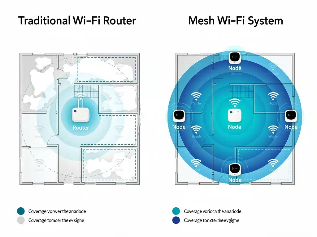Diagrama comparativo de cobertura Wi-Fi tradicional vs. sistema mesh Wi-Fi.
