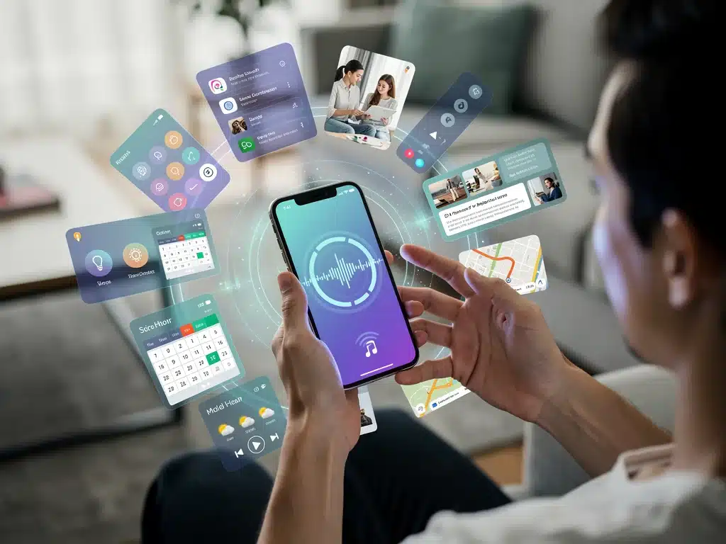 Usuario interactuando con asistente de voz en smartphone, mostrando diversas funcionalidades.