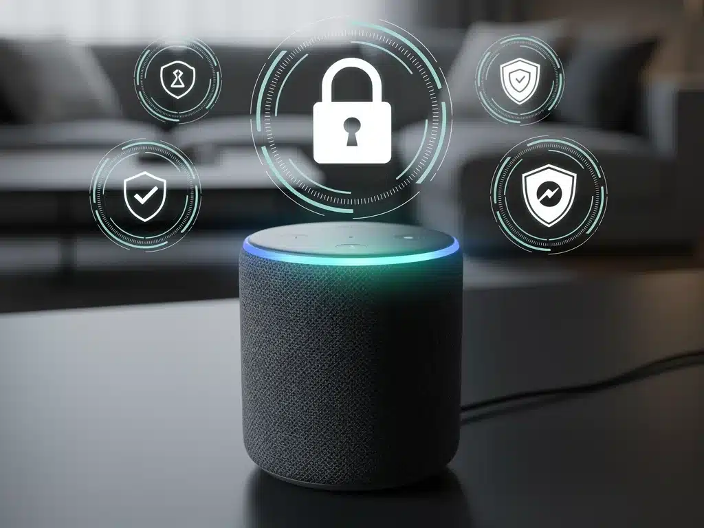 Dispositivo de asistente de voz con iconos de privacidad y un candado, representando la seguridad de datos.