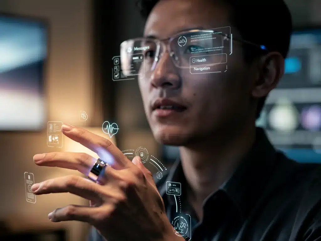 Interacción con dispositivos wearables como anillos y gafas inteligentes potenciados por IA para asistencia contextual y control intuitivo.
