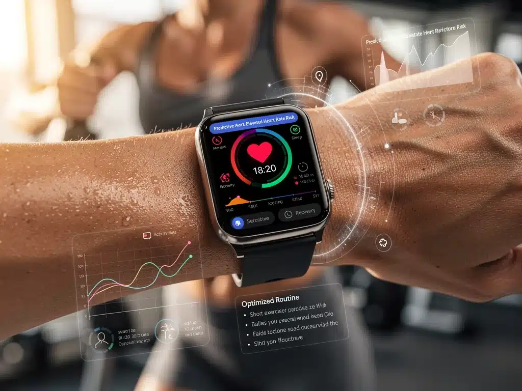 Smartwatch con IA monitorizando la salud en tiempo real y ofreciendo recomendaciones personalizadas durante el ejercicio.