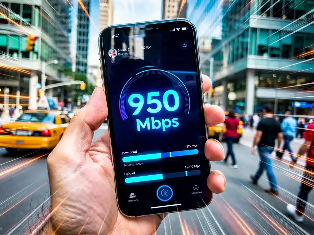 Smartphone mostrando velocidad de descarga 5G ultrarrápida en una ciudad estadounidense.