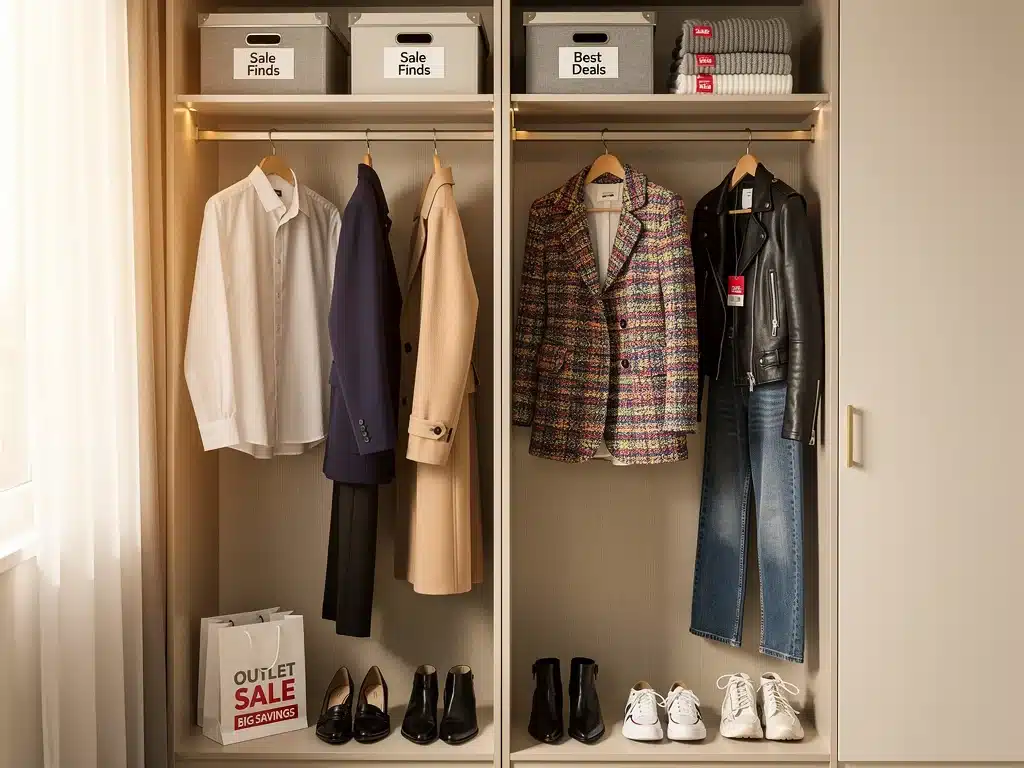 Clóset organizado con prendas de moda adquiridas con descuentos.