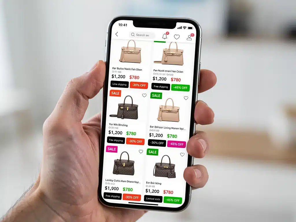 Persona comparando precios de bolsos de diseñador en línea durante una venta.