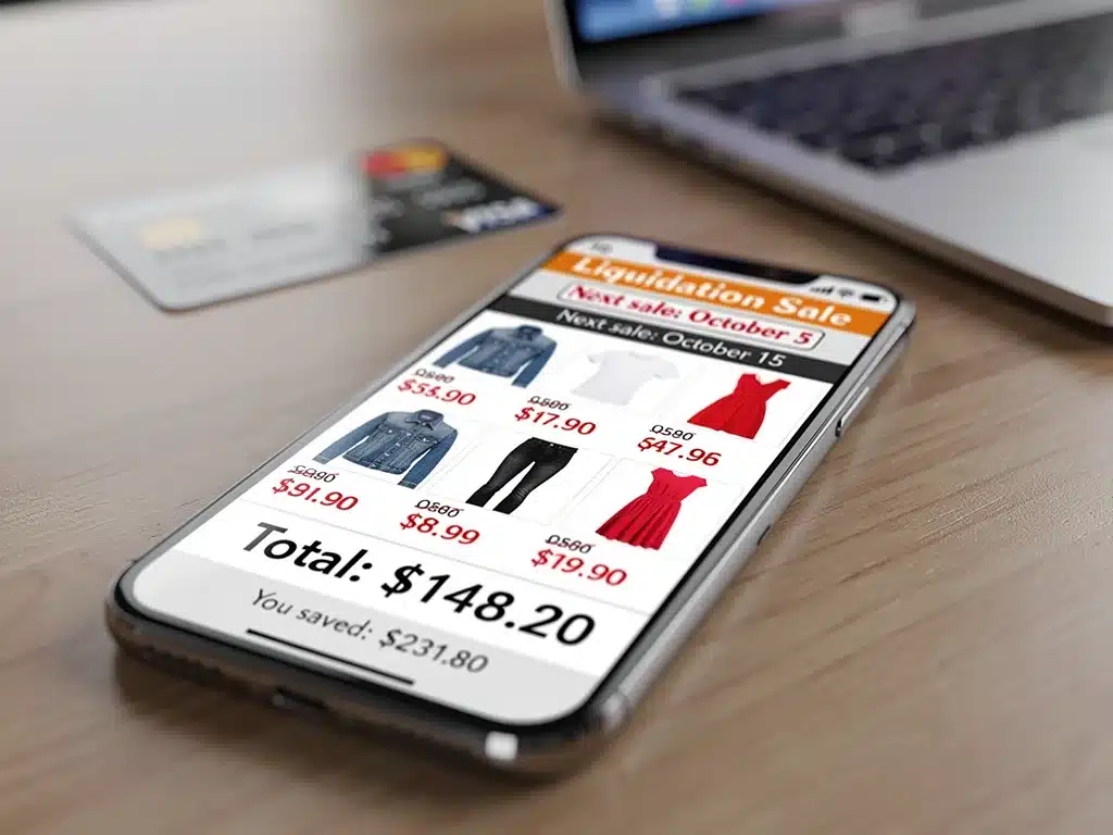 Compras en línea de ropa con descuentos del 70% y calendario digital.