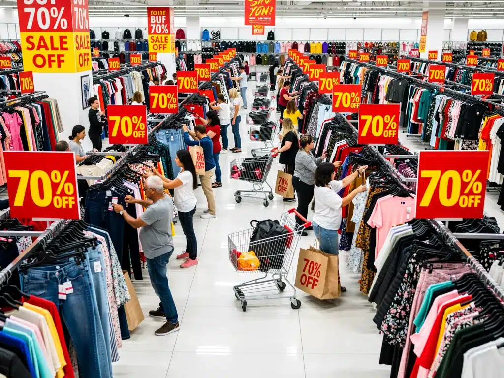 Compradores aprovechando las rebajas del 70% en una tienda de ropa.